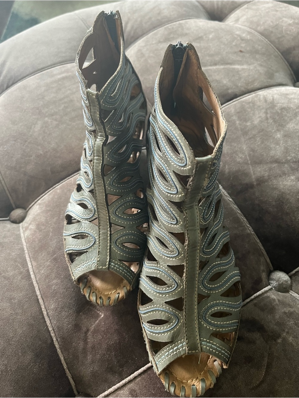 Womens Blue Leather Cutout Peep-Toe Booties